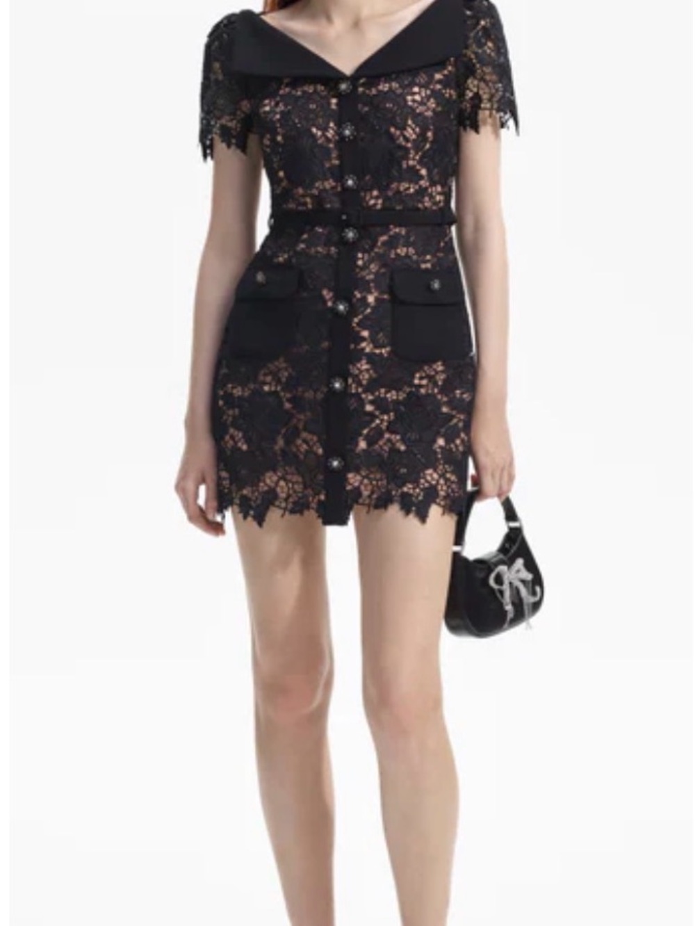 Self-Portrait Black Lace Mini Dress with Nude Lining and Peter Pan Collar